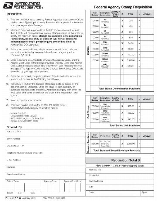 PS Form 17-G, Federal Agency Stamp Requisition, January 2013