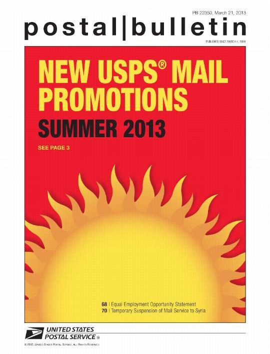 Postal Bulletin 22359, March 21, 2013 - Front Cover - NEW USPS MAIL PROMOTIONS SUMMER 2013 see page 3