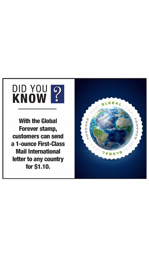 DID YOU KNOW? With the Global Forever stamp, customers can send a 1-ounce First-Class Mail International letter to any country for $1.10