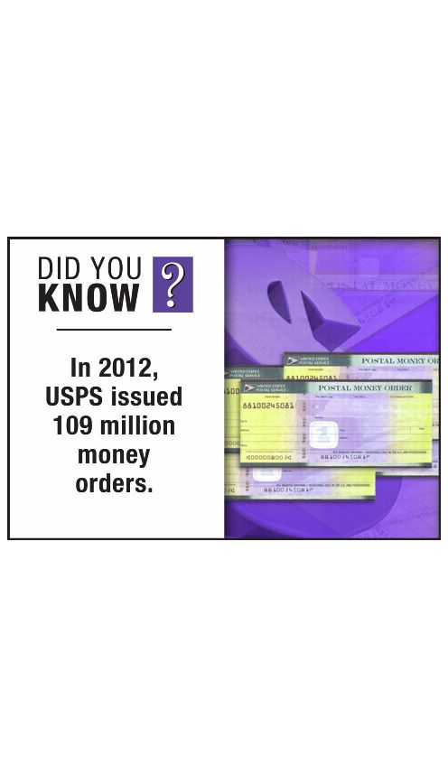 DID YOU KNOW? In 2012, USPS issued 109 million money orders.
