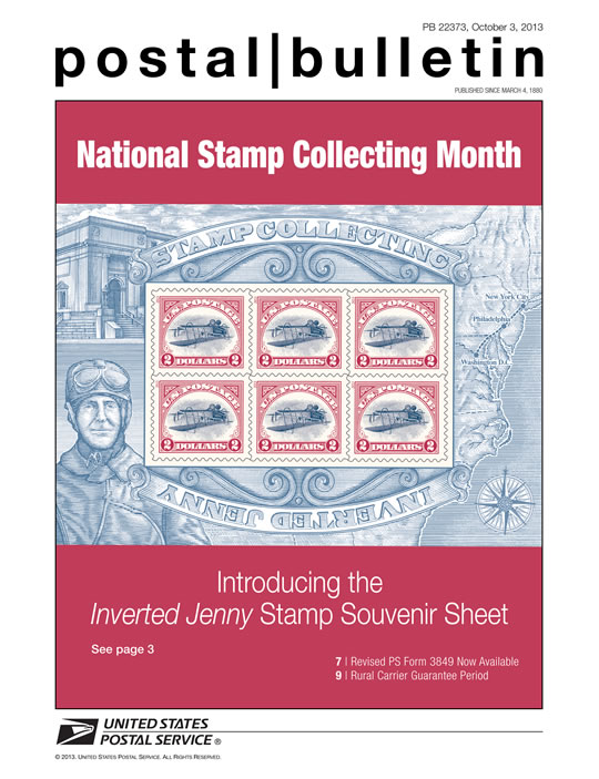 Postal Bulletin 22373, October 3, 2013, National Stamp Collecting Month Introducing the Inverted Jenny Stamp Souvenir Sheet, see page 3