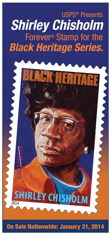 PB 22382, February 6, 2014 - Back Cover - USPS Presents Shirley Chisholm Forever Stamp for the Black Heritage Series.