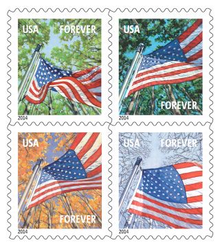 Image of the US flag on  4 forever stamps