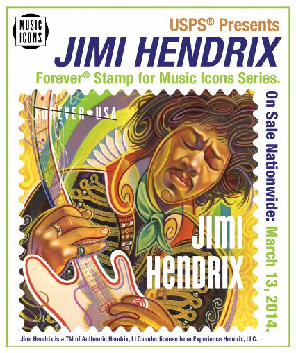 PB 22387. April 17, 2014 - Back cover - JIMI HENDRIX Forever Stamp for Music Icons Series.