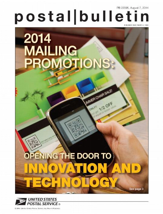 PB22395, August 7, 2014, Front Cover, 2014 MAILING PROMOTIONS: OPENING THE DOOR TO INNOVATION AND TECHNOLOGY. See page 3