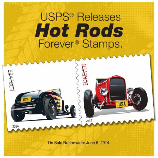 USPS Release Hot Rods Forever Stamps. On Sale Nationwide: June 6, 2014.