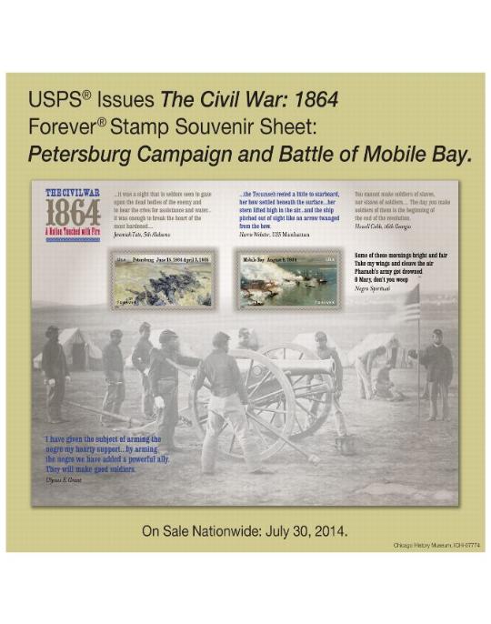 USPS Issue The Civil War: 1864 Forever Stamp Souvenir Sheet: Petersburg Campaign and Battle of Mobile Bay. On Sale Nationwide: July 30, 2014