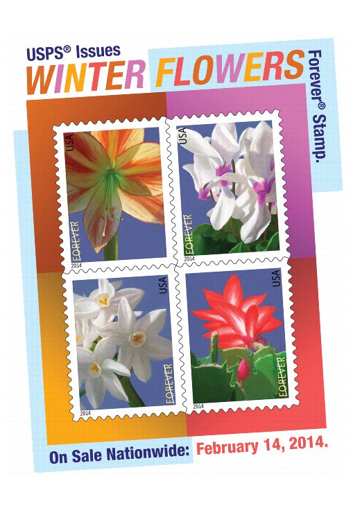 Postal Bulletin 22405, December 25, 2014 - Back Cover, USPS Issues WINTER FLOWERS Forever Stamp. On Sale Nationwide: February 14, 2014.