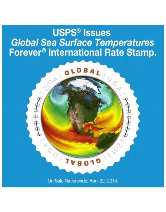 USPS Issues Global Sea Surface Temperatures Forever International Rate Stamp. On Sale nationwide: April 22, 2014