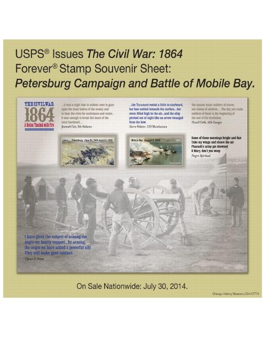 USPS Issues The civil War: 1864 Forever Stamp Souvenir Sheet: Petersburg Campaign and Battle of Mobile Bay. On Sale Nationwide: July 30, 2014