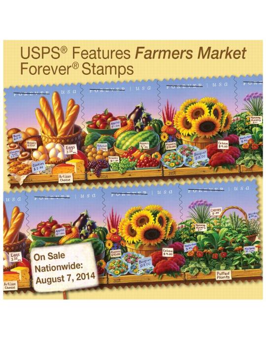 USPS Features Farmers Market Forever Stamps. On Sale Nationwide: August 7, 2014.