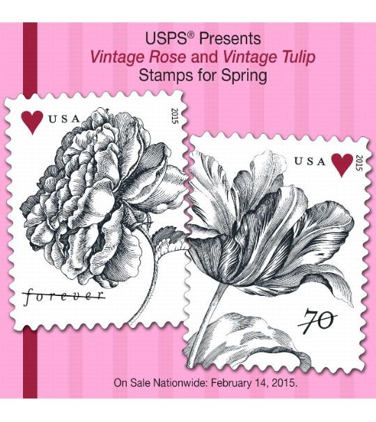 Postal Bulletin 22410, March 5, 2015. USPS Presents Vintage Rose and Vintage Tulip Stamps for Spring. On Sale Nationwide: February 14, 2015.