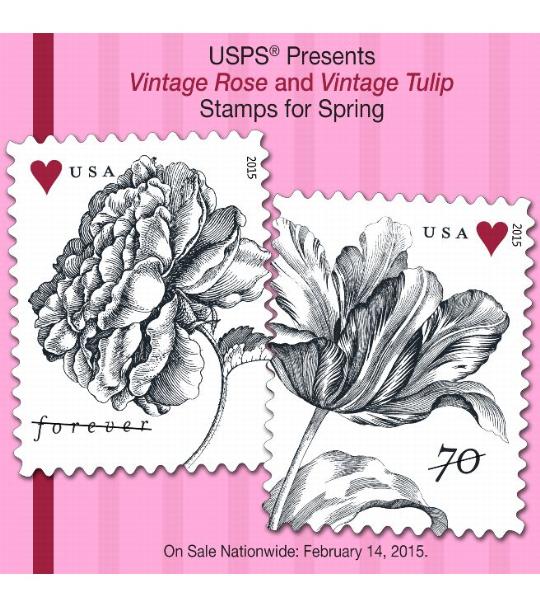 USPS Presents Vintage Rose and Vintage Tulip Stamps for Spring. On Sale Nationwide: February 14, 2015.