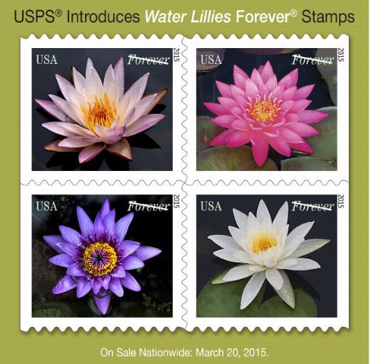 USPS Introduces Water Lillies Forever Stamps. On Sale Nationwide: March 20, 2015.