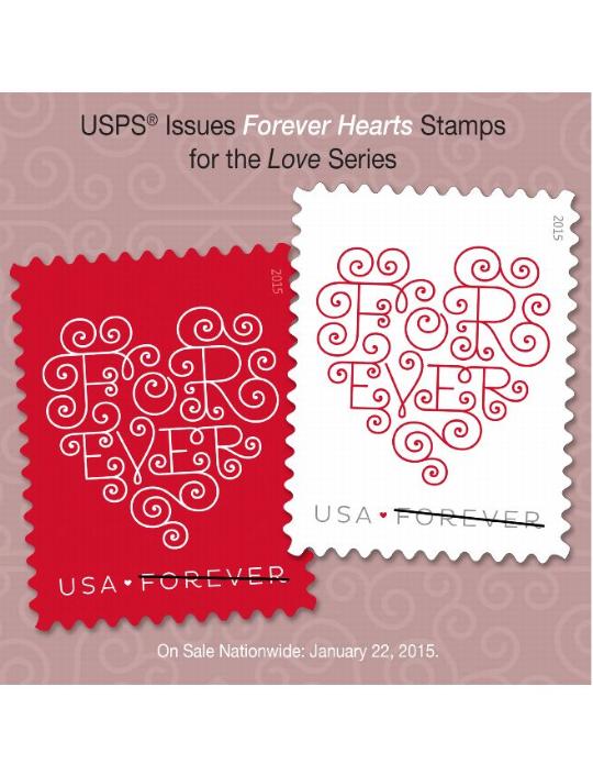 USPS Issues Forever Hearts Stamps for the Love Series. On Sale Nationwide: January 22, 2015.