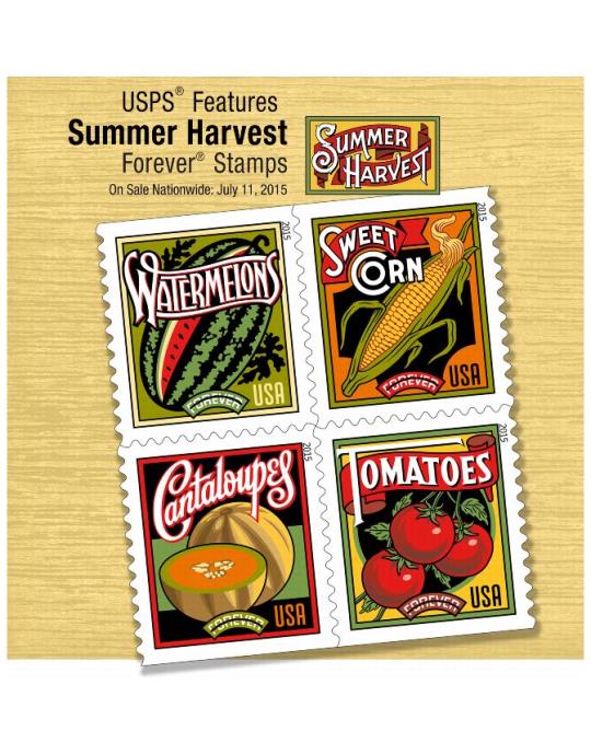 USPS Features Summer Harvest Forever Stamps. On Sale Nationwide: July 11, 2015.