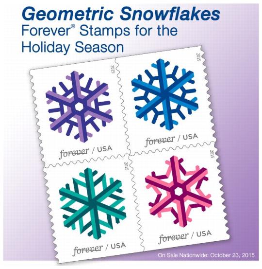 PB 22431, Back Cover - Geometric Snowflakes Forever Stamps for the Holiday Season. On Sale Nationwide: October 23, 2015