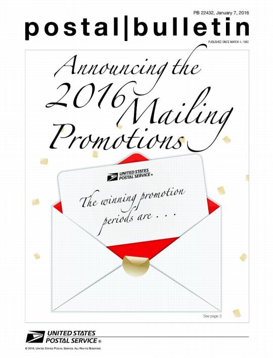 PB 22432, January 7, 2016, Front Cover - Announcing the 2016 Mailing Promotions. The winning promotion periods are... See page 3.