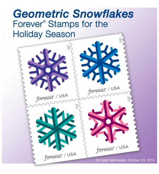Geometric Snowflakes Forever Stamps for the Holiday Season. On Sale Nationwide: October 23, 2015.