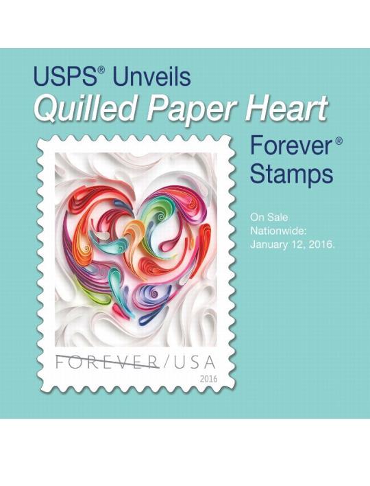 USPS Unveils Quilled Paper Heart Forever Stamps. On Sale Nationwide: January 12, 2016.