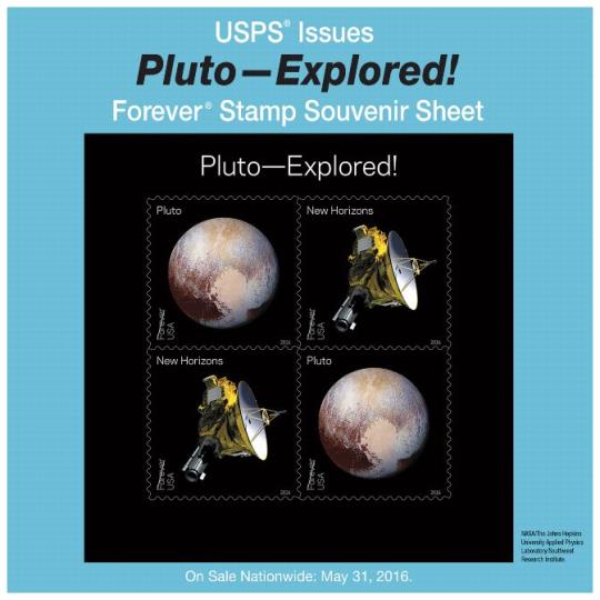 USPS Issues Pluto-Explored! Forever Stamp Souvenir Sheet. On Sale Nationwide: May 31, 2016.