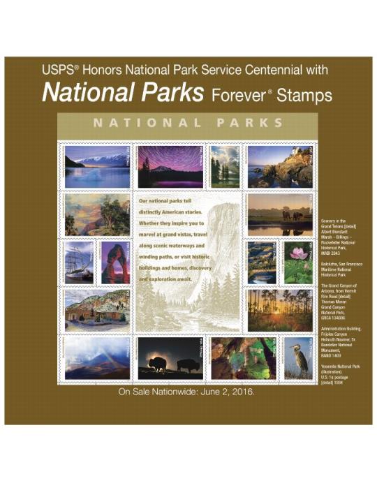 USPS Honors National Park Service Centennial with National Parks Forever Stamps. On Sale Nationwide: June 2, 2016.