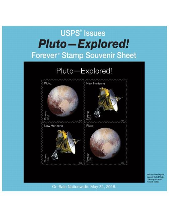 USPS Issues Pluto-Explored! Forever Stamp Souvenir Sheet. On Sale Natiowide: May 31, 2016.