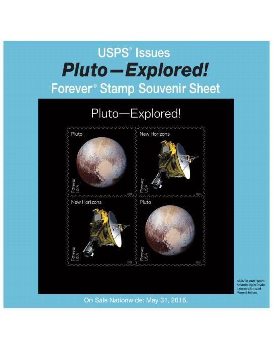 USPS Issues Pluto - Explored! Forever Stamp Souvenir Sheet. On Sale Nationwide: May 31, 2016.