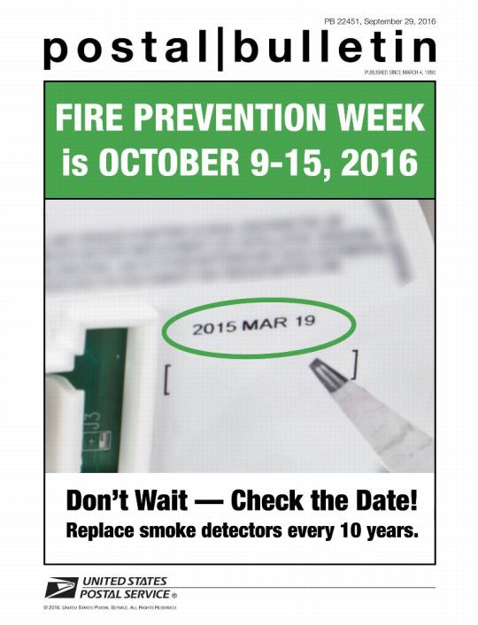 PB 22451, September 29, 2016, Fire Prevention Week is October 9-15, 2016, see page 3.