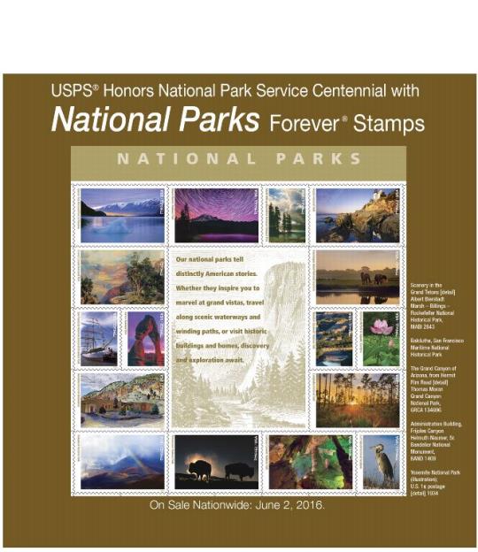 USPS Honors Natinoal Park Service Centennial with National Parks Forever Stamps. On Sale Nationwide: June 2, 2016.
