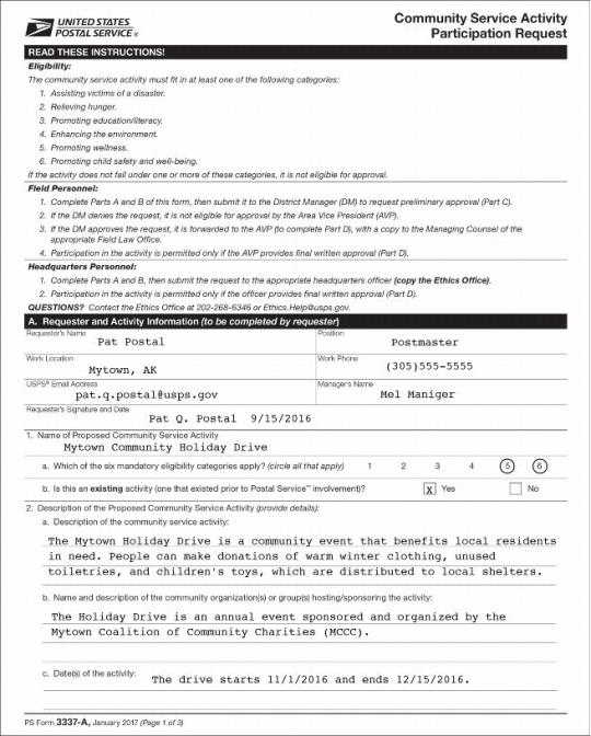 Sample completed PS Form 3337-A, pg. 1.