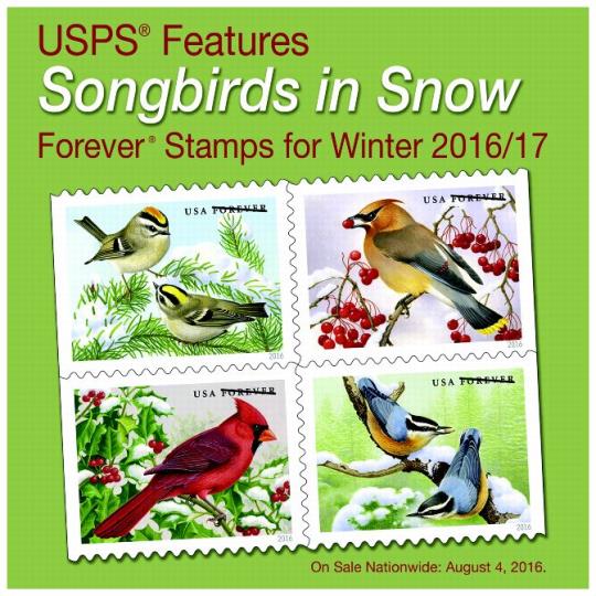 USPS Features Songbirds in Snow Forever Stamp for Winter:On Sale Nationwide: August 4, 2016