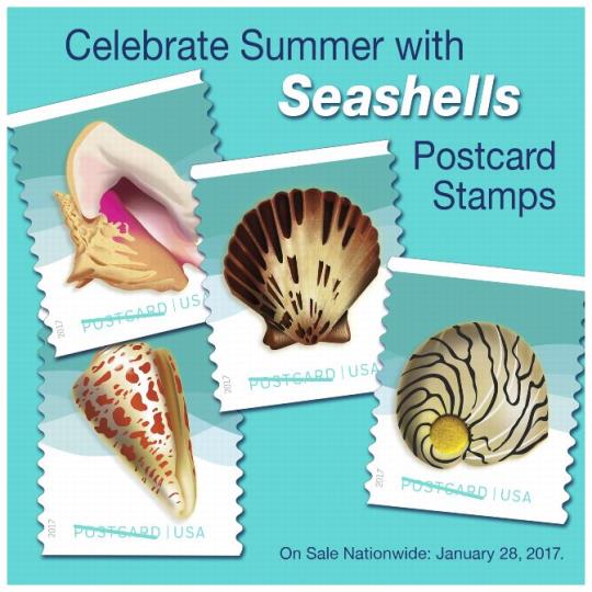 Poster with 4 colorful multi-shaped seashells and reads 'Celebrate Summer with Seashells -Postcard Stamps on Sale Nationwide January 28, 2017'