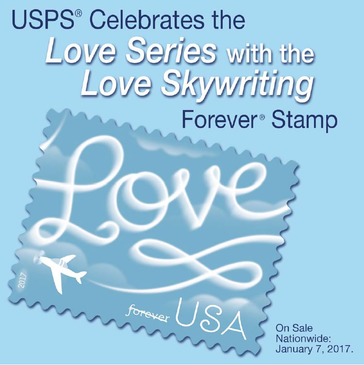 USPS Celebrates the Love Series with the Love Skywriting Foreever Stamp on Sale Nationwide: January 17, 2017