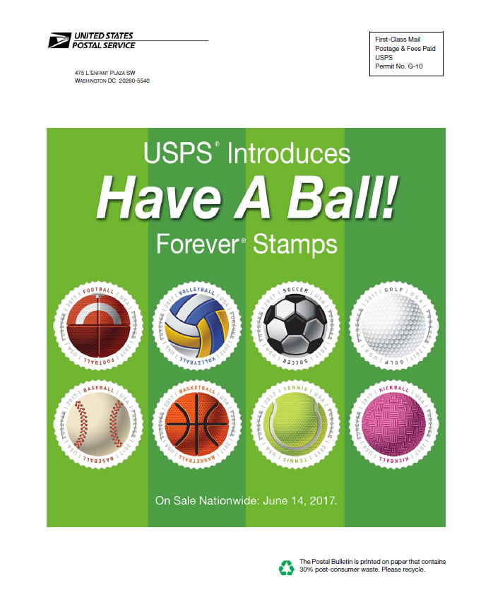 Image shows a variety of sports balls with text 'USPS Introduces Have A Ball Forever Stamps on sale nationwide June 14, 2017.' 