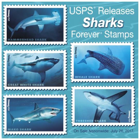 USPS Releases Sharks Forever Stamps. On Sale Nationwide: July 26, 2017.