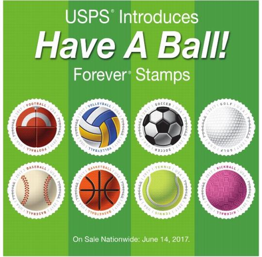 USPS Introduces Have A Ball! Forever Stamps. On Sale Nationwide: June 14, 2017.