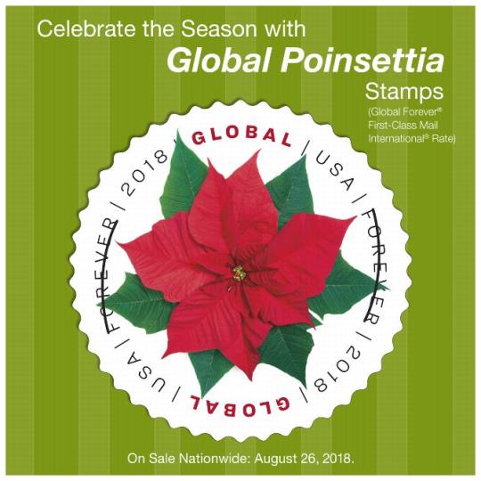 Celebrate the Season with Global Poinsettia Stamps. On sale nationwide: August 26, 2018.