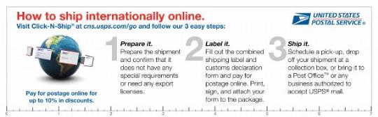 displays the 3 steps to ship internationally online and shows packages circling the globe