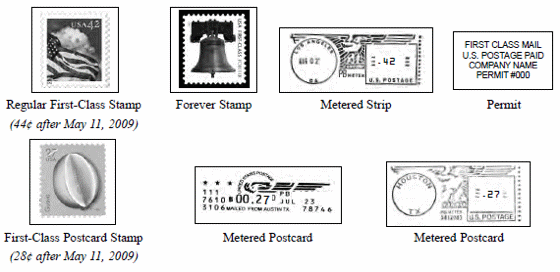 Image containing 7 examples of postage , from top to bottom, left to right, Waving Flag Stamp, text Regular First-Class Stamp (44 cents after May,11, 2009) Forever Stamp, stamp with image of liberty bell, Metered strip image of meter stamp wiith eagle and date and price, Permit example, First Class Mail U.S. Postage Paid Company Name Permit #000, Guava missing midsection image, First Class Postcard Stamp (28 cents after May 11, 2009) Metered postcard image with price and date included, Metered Postcard