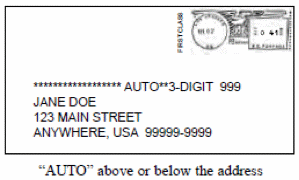 Example of AB, or AF or AT or AV First-Class Mail, images has metered stamp in right hand corner,beneath is the text 5895 AT (circle around the AT 0.261, next line Jane Doe, next line 123 Main Street, next line Anywhere,USA 99999-9999, under this is a barcode and the bottom has the text AB, or AF or AT or AV above address