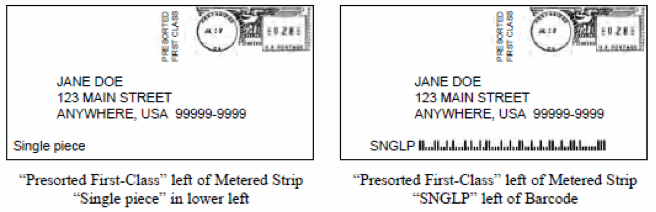 Image containing two examples of single piece or SNGLP or SP. Image on the left is an envelope with  metered stamp in upper right hand corner including text PRESORTED FIRST CLASS.Directly below is the text JANE DOE 123 MAIN STREET, ANTWHERE,USA 99999-9999, under the address is text Single piece. Under envelope is text Presorted First-Class left of Metered Strip Single Piece in lower left.Image on right of envelope with metered stamp including PRESORTED FIRST CLASS.Below is address JANE DOE, 123 MAIN STREET,ANYWHERE,USA 99999-9999. Below is SNGLP and bar code. Below envelope is Presorted First-Class left of Metered Strip SNGLP left of Barcode. 