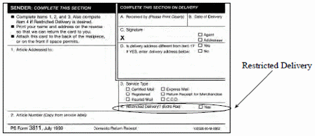 Image of return receipt requested label. Some of text is legible. Sender Complete this section, complete this section on delivery. On the right is an arrow pointing to an area on the label that defines it as Restricted Delivery