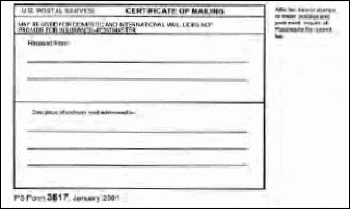 Mostly illegible image of sample of one Certificate of Mailing form 