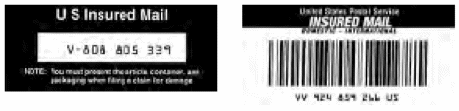 An image of two insured mail labels. One on left, black rectangle with white text at top U S Insured Mail. White rectangle below with black text v-808 805 339, below that white text illegible. Second image black rectangle at top UNITED States Postal Service INSURED MAIL, bar code below, with text VV 424 854 266 US