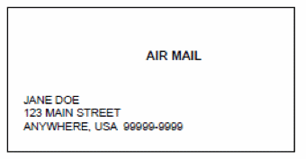 Image of example of mail from outside the US. Image of envelope with AIR MAIL at the top middle, beneath that, address JANE DOE, 123 MAIN STREET, ANYWHERE,USA 99999-9999