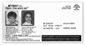 Image of postcard of with images of two missing and exploited children. Postage is in the upper right hand of the image but illegible. There is an address which states RESIDENT, 123 MAIN STREET,ANYWHERE,USA 99999-9999