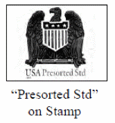 Image with eagle with stars and stripe shield in on the breast and underneath is the text USA Presorted Std. Under the image is text Presorted Std on Stamp