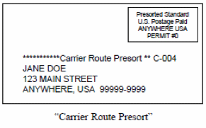 Image of carrier route presort envelope. Top right hand image of metered postage with text Presorted Standard U.S. Postage Paid ANYWHERE USA PERMIT #0. Below is a series of aserisks, Carrier Route Presort two asterisks C-004. Next is the address JANE DOE, 123 MAIN STREET ANYWHERE,USA 99999-9999.Below is text in quotes Carrier Route Presort unquotes