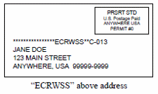 Image of presort envelope. Top right hand image of metered postage with text PRSRT STD U.S. Postage Paid ANYWHERE USA PERMIT #0. Below is a series of aserisks, ECRWSS two asterisks C-013. Next is the address JANE DOE, 123 MAIN STREET ANYWHERE,USA 99999-9999.Below is text in quotes ECRWSS unquotes above address